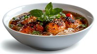Asian ramen noodle soup with grilled chicken, fresh basil, vegetables in savory broth. Perfect for restaurant menus, food blogs, cooking websites.