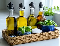 Glass bottles with olive oil and vinegar arranged in woven basket tray with fresh basil leaves and sea salt, kitchen counter setting for cooking and food preparation.