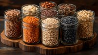 Various dried legumes and pulses in glass jars on wooden board against dark background, including lentils, chickpeas, beans and peas arranged in rustic setting.
