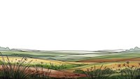 Rolling hills countryside landscape with wild grass foreground, pastoral farmland view for nature backgrounds and outdoor adventure designs.