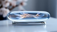 Glowing digital wave pattern trapped inside transparent glass tube on metallic surface, futuristic technology concept with soft bokeh background.