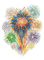 Colorful fireworks burst display with multicolored explosions in blue, orange, green, purple and gold on transparent background, isolated clipart for celebrations and event design.