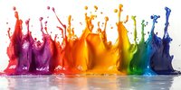 Vibrant rainbow paint splashes creating dynamic motion effect on white background, colorful liquid drops colliding and splashing in sequence with reflection.