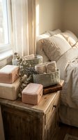 Cozy bedroom interior with natural light, woven baskets, pink soap bars and eucalyptus branches on wooden nightstand creating warm minimalist home decor.
