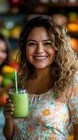 Happy young Hispanic woman with curly hair enjoying healthy green smoothie in colorful cafe setting with warm bokeh lights background.