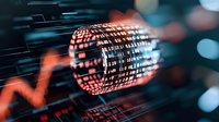 Digital data stream visualization with glowing red binary code projected in cylindrical shape against dark background with bokeh effect.