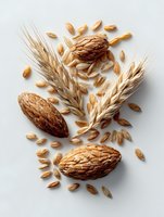 Organic almonds and wheat grains arranged on white background, showcasing natural ingredients for healthy baking and cooking.