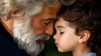 Tender moment between elderly man with gray beard and young boy touching foreheads against dark background, expressing family bond and generational connection.