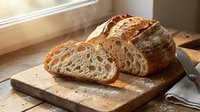 Freshly baked artisan sourdough bread loaf sliced on wooden cutting board with knife, rustic kitchen setting with natural window light for bakery concepts.