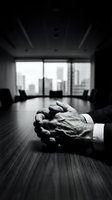 Businessman hands clasped on conference table in corporate boardroom with city skyline view. Black and white business meeting concept for leadership decisions.