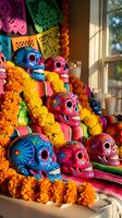 Colorful Mexican sugar skulls decorated with marigold flowers and papel picado for Day of the Dead celebration altar display in warm sunlight.