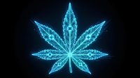 Glowing blue cannabis leaf with electric energy effects on dark background for digital art and futuristic design projects.