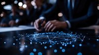 Businessman touching digital network connections on tablet screen with glowing blue data points and bokeh lights in modern office environment.