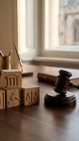 Wooden gavel and legal symbol blocks on desk near window creating warm professional atmosphere for law office or courtroom concepts.