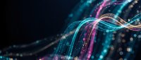 Abstract digital waves with glowing particles and bokeh effects on dark background for technology presentations and futuristic design projects.