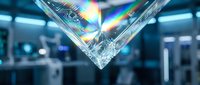 Crystal prism refracting light into rainbow spectrum with blurred laboratory background, suitable for science, technology, and optical research concepts.