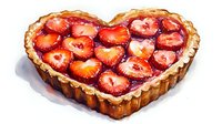 Fresh strawberry heart-shaped tart with glazed berries and flaky golden crust on white background, watercolor style food illustration for Valentine's day designs.