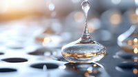 Water drop forming symmetric shape on reflective surface with bokeh lights in background, macro photography showing surface tension and liquid dynamics.
