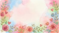 Watercolor floral frame with roses, hearts, and botanical leaves in soft pink, blue, and green tones on isolated white background, suitable for wedding invitations, greeting cards, and design projects.