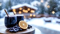 Cozy winter drink with mulled wine, fresh orange slice and frozen berries on wooden board against snowy landscape with bokeh lights and cabin in background.