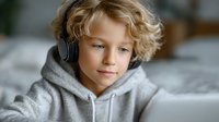 Young blonde boy wearing headphones and gray hoodie using laptop computer for online learning or gaming at home.