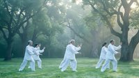 Group of diverse people practicing tai chi in peaceful park setting with morning sunlight filtering through ancient trees creating serene wellness atmosphere.