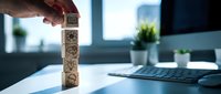 Hand stacking wooden blocks with business and creativity icons on a desk, symbolizing strategy, innovation, and step-by-step planning in a modern office.