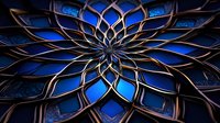 Mesmerizing mandala pattern with metallic gold lines forming intricate floral shapes against deep blue glowing background creates mystical sacred geometry design.