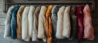 Colorful collection of soft faux fur coats hanging on wooden rack, featuring various textures and shades from blue and white to orange and pink, showcasing winter fashion.