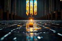 Single candle glowing on wet stone floor in gothic cathedral with colorful stained glass windows creating atmospheric lighting for spiritual meditation.