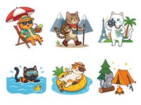 Cartoon cat characters enjoying summer vacation activities including beach relaxation, camping, hiking and water adventures. Isolated clipart set ready for t-shirts, stickers and design projects.
