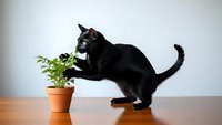 Curious black cat playing with small green plant in terracotta pot on wooden table against white background for pet care and indoor gardening concepts.