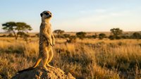 Meerkat standing alert on rock in African savanna during golden hour sunset with acacia trees and grassland landscape background for wildlife photography.