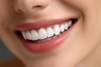 Close up of bright white healthy teeth and natural pink lips showing radiant smile against soft skin tone background, dental care and oral hygiene concept.