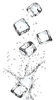 Transparent ice cubes falling with water splash and droplets on white background, dynamic composition for beverage and cooling concepts. Isolated design element.