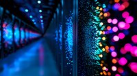 Colorful bokeh lights create magical tunnel effect with blue glowing particles and pink defocused spots against dark background, abstract night perspective.