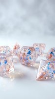 Transparent polyhedral dice set with colorful inclusions for tabletop gaming and role-playing adventures on neutral background.