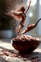 Surreal artistic composition showing silhouette figure emerging from scattered cocoa powder and wooden bowl, with spoon and dramatic lighting creating magical food photography effect.