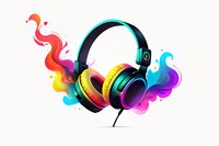 Vibrant headphones with colorful rainbow smoke effect flowing from ear cups against white background, modern music and audio technology concept for design projects.