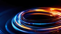 Glowing spiral light trails in orange and blue colors against dark background create dynamic motion effect for technology and communication designs.