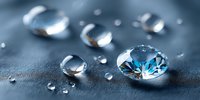 Sparkling blue diamond with clear water droplets on dark fabric surface creating luxury jewelry and precious gemstone concept for elegant design projects.