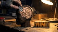 Wooden head sculpture with gears and mechanical brain mechanism displayed on workbench with mind text, representing psychology, creativity, and innovation for educational and business concepts.