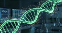 Glowing green DNA double helix structure with sparkling particles in modern laboratory setting for genetic research and biotechnology applications.