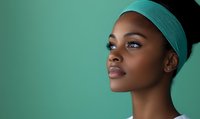 Young African American woman wearing turquoise medical cap gazes confidently against mint green background, showcasing natural makeup and professional healthcare attire.