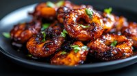 Glazed chicken wings with sticky sauce garnished with fresh herbs on dark plate. Appetizing barbecue poultry dish for restaurant menu and cooking content.