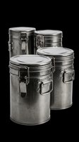 Set of four stainless steel airtight storage containers with locking clamps, isolated on transparent background. Ready for kitchen design, product mockups, t-shirt graphics, clipart, and print-on-demand projects.