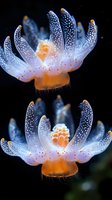 Translucent jellyfish with delicate tentacles featuring white spotted patterns and glowing orange centers float against dark background, suitable for marine life, ocean, and nature documentaries.