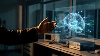 Professional pointing at holographic brain display on transparent screen in modern laboratory environment for medical technology presentations.