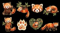Cute red panda clipart set isolated on transparent background, featuring playful poses, paw print, and floral heart, ready for stickers, t-shirt design, and print on demand.
