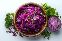 Fresh shredded purple cabbage in wooden bowl with green herbs, half cabbage head and parsley on light background, healthy raw vegetable salad ingredients.